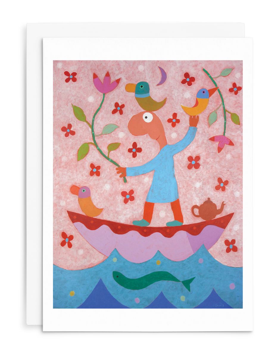 Colourful Leunig greeting card with a man, birds and flowers