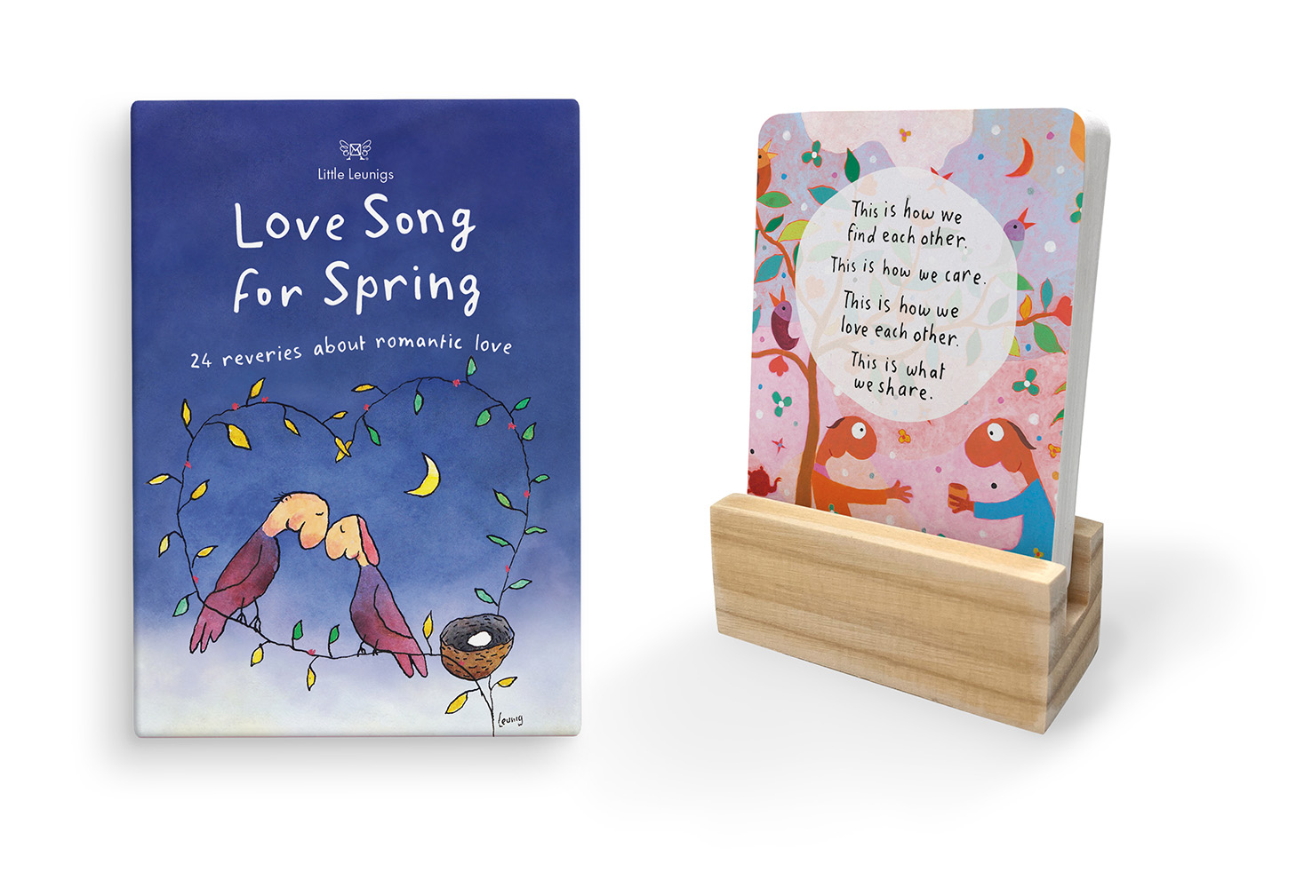 Love Song for Spring Little Leunigs pack and illustrated card on a wooden stand
