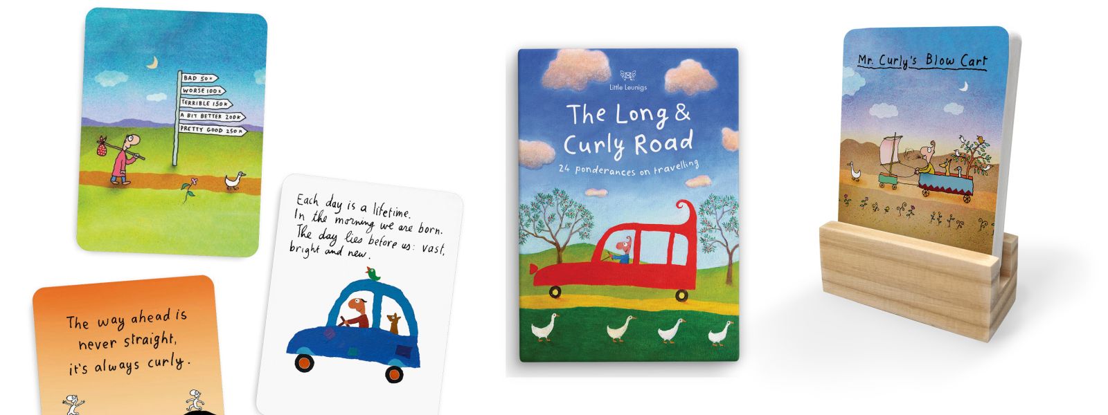 The Long and Curly Road Little Leunigs pack, illustrated cards and wooden display stand