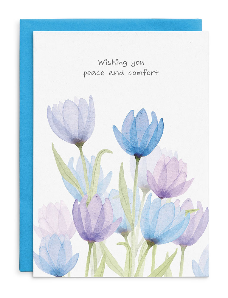Cottonwood Wishing you peace and comfort card with blue and lilac flowers
