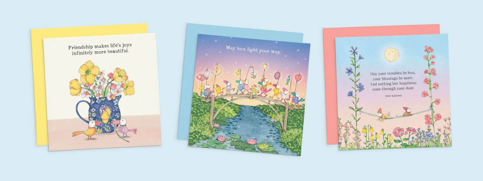 Three Twigseeds cards sharing wishes of friendship, love and luck