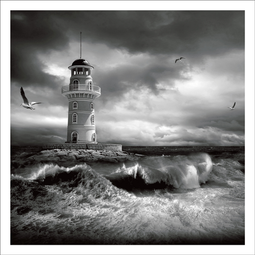 AGCP032 - Lighthouse And Rough Seas With Seagulls - Photographic Card
